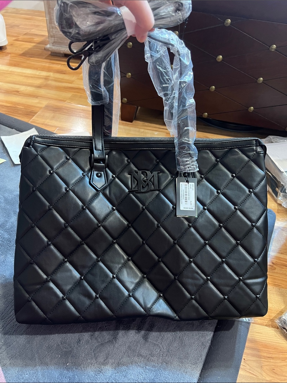 Badgley Mischka Quilted Black Tote with Diamond Stitching